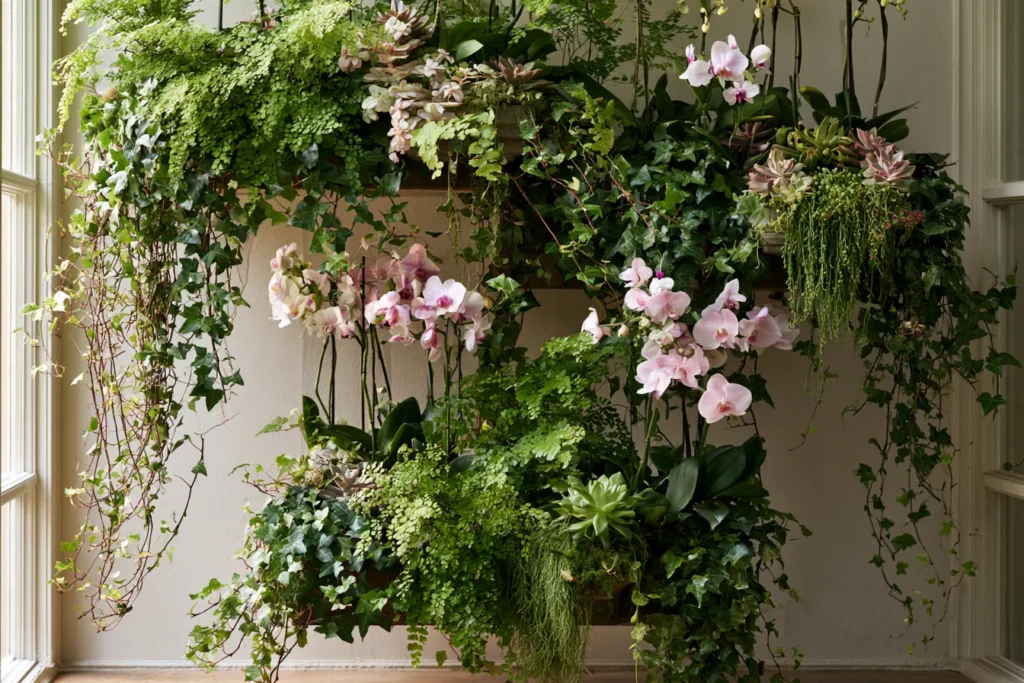 Layered Orchid Displays: Combining Maidenhair Ferns, English Ivy, and Trailing Succulents