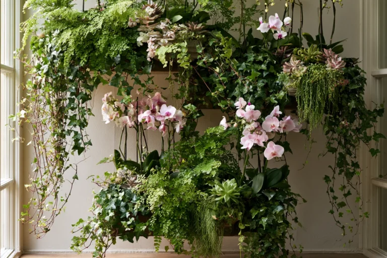 Layered Orchid Displays: Combining Maidenhair Ferns, English Ivy, and Trailing Succulents
